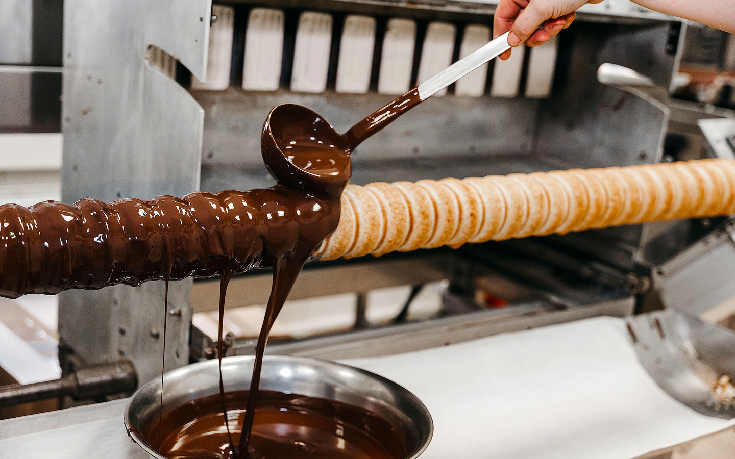 Von Hand mit Schokolade &uuml;berzogener Baumkuchen aus Cottbus | Groch & Erben, Foto: Johannes Zantow, Lizenz: Groch & Erben